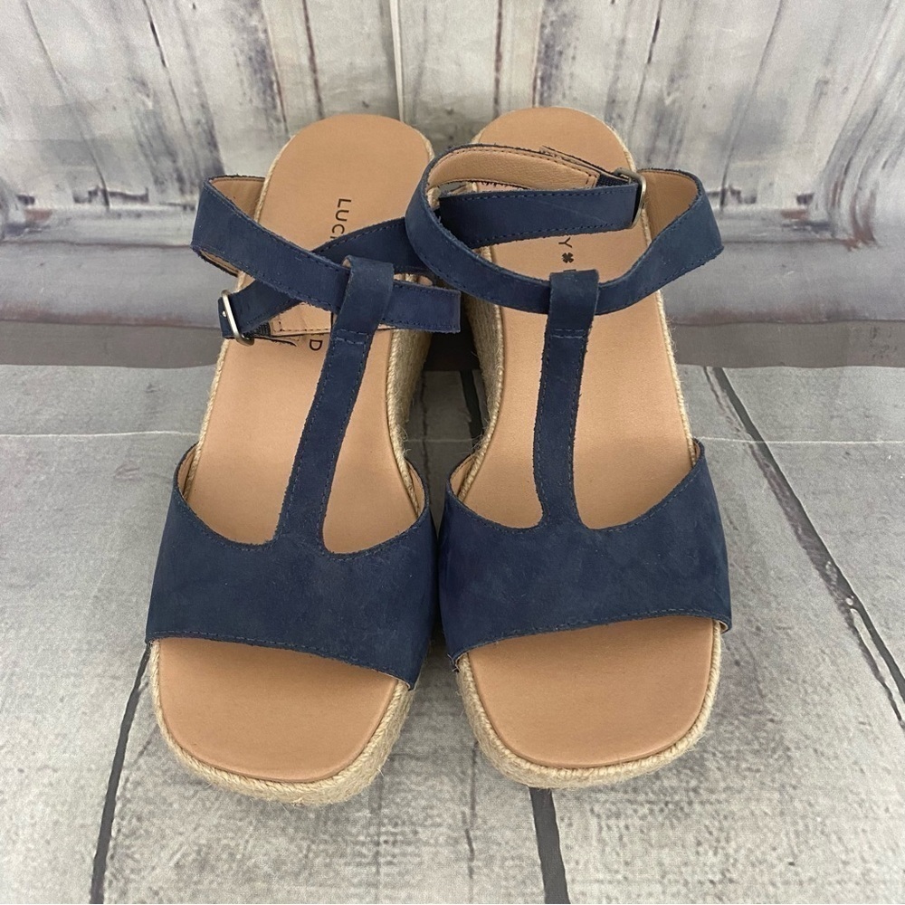 Lucky Brand Size 8.5 M Blue Suede Ankle Strap Espadrille Wedge Sandals Jute NEW - Picture 3 of 10